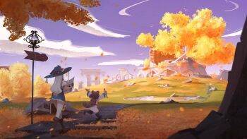  2girls animal_ears aqueduct autumn autumn_leaves backpack bag black_shoes black_thighhighs blue_hat blue_skirt blue_sky boots brown_bag brown_boots brown_hair check_copyright child cloud commentary copyright_request dress english_commentary falling_leaves fold-over_boots from_behind hat highres holding holding_map lamppost leaf long_hair long_sleeves map multiple_girls original outdoors painting_(medium) path pond puffy_short_sleeves puffy_sleeves raccoon_ears raccoon_girl raccoon_tail road rock ruins running satchel scenery shoes short_hair short_sleeves signpost skirt sky sushoartworks tail thighhighs traditional_media tree very_long_hair walking white_dress white_hair white_thighhighs wide_shot witch witch_hat 