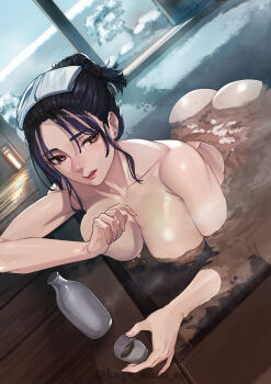  1girl :q absurdres ass bath bathing black_hair bottle breasts brown_eyes choko_(cup) cleavage collarbone commentary_request completely_nude cup hair_bun highres holding holding_cup kagematsuri large_breasts lips mature_female median_furrow mole mole_under_eye nude onsen original partially_submerged revision sake_bottle single_hair_bun solo steam tongue tongue_out towel towel_on_head twitter_username water wet 