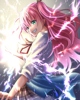  1girl absurdres aikawa_megumi black_ribbon brown_skirt clothes_around_waist commentary cowboy_shot electricity electrokinesis eyes_visible_through_hair fighting_stance floating_hair from_side green_eyes green_pupils grin hair_between_eyes hair_ribbon hand_up heaven_burns_red highres kepekki_kanojo long_hair long_sleeves looking_at_viewer miniskirt neck_ribbon pink_hair plaid_clothes plaid_skirt pleated_skirt red_ribbon ribbon shirt skirt sleeves_rolled_up smile smug solo two_side_up v-shaped_eyebrows very_long_hair white_shirt 