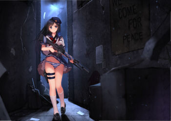  1girl absurdres allenes alley ar-15 assault_rifle black_hair black_shoes blue_eyes clothes_lift eotech female_focus groin gun hat highres holding holding_gun holding_weapon holster kneehighs loafers long_hair looking_to_the_side original outdoors panties pantyshot paper pleated_skirt rifle school_uniform serafuku shoes short_sleeves skirt skirt_lift socks solo standing striped_clothes striped_panties thigh_holster thigh_strap underwear upskirt walking weapon white_socks  rating:Sensitive score:46 user:danbooru