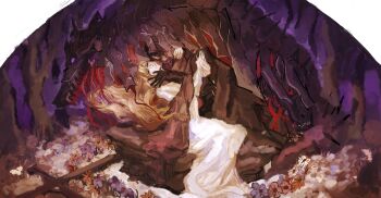  1boy 1girl brown_coat brown_dress brown_eyes brown_gloves brown_hair catherine_(project_moon) coat cross crying distortion_(project_moon) dress erlking_heathcliff_(project_moon) flanzi_lan flower forest gloves hand_on_another's_face heathcliff_(project_moon) highres hug limbus_company long_hair monster nature project_moon purple_eyes white_dress wolf 