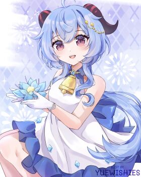  1girl ahoge back_bow bare_shoulders bell blue_background blue_bow blue_flower blue_hair bow breasts commentary cowbell cowboy_shot dress flower ganyu_(genshin_impact) genshin_impact gloves goat_horns hair_ornament highres holding holding_flower horns long_hair looking_at_viewer medium_breasts neck_bell open_mouth purple_eyes sidelocks sitting sleeveless sleeveless_dress smile solo untranslatable_commentary white_dress white_gloves yuewishies 