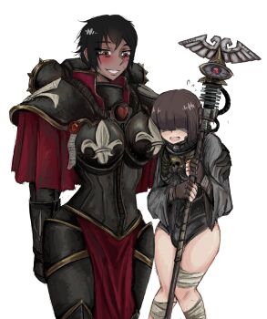  1boy 1girl adepta_sororitas age_difference armor bandaged_leg bandages black_hair blush boobplate bowl_cut breastplate commentary dark-skinned_female dark_skin english_commentary fingerless_gloves flying_sweatdrops gloves grin hair_over_one_eye highres holding holding_staff knees_together_feet_apart mole mole_under_eye naughty_face odd_onion onee-shota open_mouth pauldrons power_armor psyker purity_seal scar scar_on_face shoulder_armor smile staff trap warhammer_40k wavy_mouth white_background you_gonna_get_raped  rating:Sensitive score:27 user:danbooru