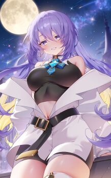  1girl bare_shoulders black_shirt black_shorts blush breasts commentary cowboy_shot cropped_shirt earrings english_commentary full_moon highres hololive hololive_indonesia jewelry large_breasts long_hair moon moona_hoshinova moona_hoshinova_(1st_costume) navel night purple_eyes purple_hair r0_fo shirt shorts solo virtual_youtuber 