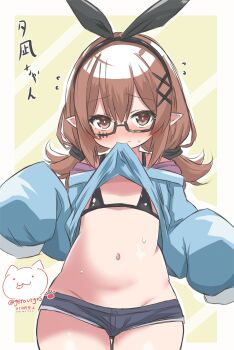  1girl belly black_bra black_ribbon blue_shirt blue_shorts blush bra brown_eyes brown_hair clothes_in_mouth clothes_lift denim denim_shorts flat_chest geraurgos glasses hair_ornament hair_ribbon hairclip low_twintails lowleg lowleg_shorts medium_hair mouth_hold navel original pointy_ears ribbon semi-rimless_eyewear shirt shirt_in_mouth shirt_lift short_shorts short_twintails shorts signature sleeves_past_wrists solo standing sweat thigh_gap twintails twitter_username under-rim_eyewear underwear wide_hips x_hair_ornament 