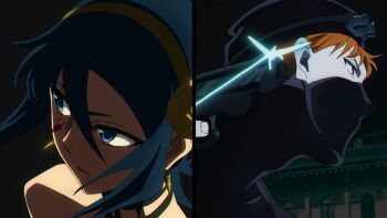  1boy 1girl black_hair black_hat bleach blood blood_on_face blue_eyes cosplay earrings finger_on_trigger floppydisk7000 goggles goggles_on_head gold_earrings gun hairband handgun hat highres holding holding_gun holding_weapon jewelry kuchiki_rukia kurosaki_ichigo mask mouth_mask orange_eyes orange_hair parody split_screen spy_x_family style_parody third-party_source twilight_(spy_x_family) twilight_(spy_x_family)_(cosplay) weapon yellow_hairband yor_briar yor_briar_(cosplay) 