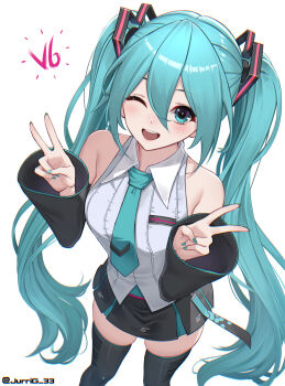  1girl aqua_eyes aqua_hair aqua_nails aqua_necktie aqua_trim black_skirt black_sleeves black_thighhighs breasts detached_sleeves double_v from_above grey_shirt hatsune_miku hatsune_miku_(vocaloid6) highres jurrig medium_breasts necktie one_eye_closed shirt skirt solo thighhighs twintails twitter_username v vocaloid white_background 