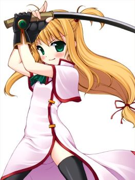  >:) 1girl arisa_bunnings ascot black_gloves black_thighhighs blonde_hair blush burning_arisa closed_mouth commentary cowboy_shot dress gloves gold_trim green_ascot green_eyes hair_ribbon holding holding_sword holding_weapon long_hair low-tied_long_hair lyrical_nanoha nullken red_ribbon red_trim ribbon side_slit simple_background smile solo sword thighhighs v-shaped_eyebrows weapon white_background white_dress 