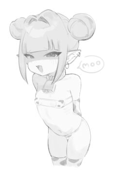  1girl :d animal_print arms_behind_back bell bikini blunt_bangs chiimanju choker cow_print cowbell double_bun ear_piercing english_text full_body greyscale hair_bun highres leaning_forward loli looking_at_viewer mesugaki micro_bikini monochrome navel open_mouth original piercing pointy_ears sketch smile solo speech_bubble swimsuit thighhighs white_background 