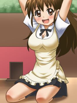 1girl :d alternate_hairstyle apron arms_up awa black_socks blush bow breasts brown_eyes brown_hair cleavage female_focus long_hair open_mouth seiza sitting smile socks solo taneshima_popura tareme waitress working!! rating:Sensitive score:22 user:internetlovemachine