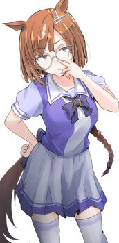  1girl adjusting_eyewear animal_ears bow bowtie braid breasts brown_hair closed_mouth commentary cowboy_shot frown glasses grey-framed_eyewear grey_eyes hand_on_own_hip highres horse_ears horse_girl horse_tail ikuno_dictus_(umamusume) long_hair medium_breasts miniskirt pleated_skirt purple_bow purple_bowtie purple_shirt round_eyewear sailor_collar school_uniform shirt simple_background single_braid skirt solo tail thighhighs tracen_school_uniform umamusume unu_(unucence) white_background white_sailor_collar white_skirt white_thighhighs zettai_ryouiki 