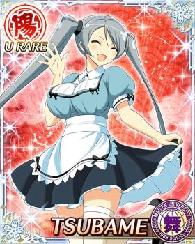  1girl :d apron blue_dress border breasts card_(medium) character_name closed_eyes clothes_lift dress facing_to_the_side frilled_apron frills game_cg grey_hair large_breasts lifting_own_clothes long_hair maid official_art open_mouth senran_kagura senran_kagura_new_wave skirt skirt_lift smile solo swept_bangs thighhighs third-party_source tsubame_(senran_kagura) twintails very_long_hair waist_apron waving white_thighhighs 