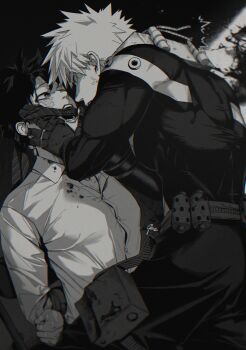  2boys 9_a_zq absurdres arms_behind_back bakugou_katsuki blood blood_on_clothes boku_no_hero_academia bound bound_arms buttons collared_shirt commentary_request covered_pectorals eye_contact greyscale highres looking_at_another male_focus midoriya_izuku monochrome mouth_hold multiple_boys necktie necktie_in_mouth open_mouth pectorals scar scar_on_face scar_on_hand shirt short_hair sitting spiked_hair standing superhero_costume teeth tight_clothes tight_shirt white_shirt yaoi 
