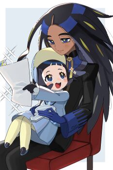  2girls :d black_gloves black_hair black_jacket black_pants blue_eyes blue_gloves blue_shirt blush chair closed_mouth commentary_request dark-skinned_female dark_skin dress eyelashes geeta_(pokemon) gloves highres holding jacket long_hair long_sleeves lvetica multiple_girls nintendo open_mouth pants pantyhose pokemon pokemon_sv poppy_(pokemon) shirt shoes sitting sitting_on_lap sitting_on_person smile teeth tongue upper_teeth_only yellow_pantyhose 