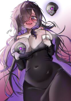  1girl absurdres black_dress black_hair blush breasts colored_inner_hair commentary_request covered_navel dress glasses goddess_of_victory:_nikke gradient_background highres huge_breasts korean_commentary label_(nikke) long_hair mimu_(cyus7328) multicolored_hair pasties purple_eyes purple_hair skull solo strap_slip two-tone_hair very_long_hair wardrobe_malfunction wavy_mouth 