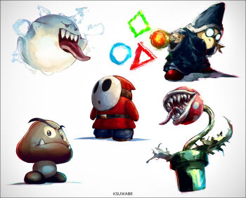  2boys artist_name black_shoes blue_coat blue_hat boo_(mario) coat commentary fang fang_out fangs fangs_out glasses goomba hat holding holding_staff k-suwabe kamek mario_(series) mask multiple_boys nintendo opaque_glasses piranha_plant red_shirt red_shoes sharp_teeth shirt shoes shy_guy simple_background staff teeth tongue tongue_out warp_pipe white_background 