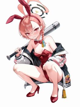  1girl absurdres ahoge animal_ear_hairband animal_ears asymmetrical_hair bandaid bandaid_on_knee bandaid_on_leg baseball_bat black_halo blue_archive bow bowtie braid breasts commentary detached_collar fake_animal_ears hairband halo high_heels highres huge_ahoge jacket leotard looking_at_viewer mole mole_under_each_eye mole_under_eye multiple_moles neru_(blue_archive) neru_(bunny)_(blue_archive) oversized_breast_cup playboy_bunny print_jacket rabbit_ears red_eyes red_leotard red_shoes rim_(rimmon2438) shoes short_hair simple_background single_braid small_breasts solo squatting strapless strapless_leotard sukajan white_background 