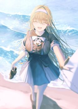  1girl :d beach black_dress character_request closed_eyes commentary dress haru_(haru83380282) highres long_hair no_shoes ocean open_mouth pantyhose ribbon shirt shoes smile solo standing tagme untranslatable_commentary vspo! water white_pantyhose white_shirt 