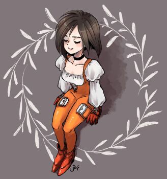  1girl black_hair bodysuit choker commentary_request final_fantasy final_fantasy_ix full_body garnet_til_alexandros_xvii gloves highres jas_(jasjasjasart) long_sleeves orange_bodysuit puffy_sleeves shirt short_hair smile solo white_shirt 