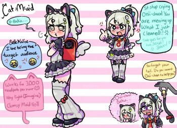  1girl anal_beads anal_tail anger_vein animal_ear_hairband animal_ears backpack bag bell black_dress blush butt_plug cat_ear_hairband cat_ears closed_mouth commentary crossed_arms crying_emoji dress emoji english_commentary english_text fake_animal_ears fake_tail frills full_body garter_straps green_eyes grey_hair hair_ornament hairband hypercandy-chan looking_at_viewer maid maid_headdress multiple_views neck_bell necktie official_alternate_costume open_mouth pout randoseru red_bag red_necktie speech_bubble standing sunna_(afternoon_tea_break)_(zenless_zone_zero) sunna_(zenless_zone_zero) tail tearing_up tears wings zenless_zone_zero 