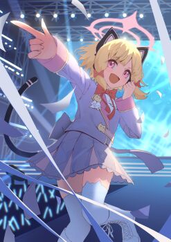  1girl :d absurdres alternate_costume animal_ear_headphones animal_ear_legwear animal_ears audience back_bow black_tail blonde_hair blue_archive blush boots bow bowtie cat_ear_headphones cat_ear_legwear cat_ears cat_tail collared_shirt commentary eyes_visible_through_hair fake_animal_ears fake_tail foot_out_of_frame frilled_skirt frills glowstick grey_jacket grey_skirt hair_bow halo hand_up happy headphones highres hiyayakko_(jfky2528) idol jacket knee_boots knees_together_feet_apart lace-up_boots long_sleeves looking_at_viewer looking_to_the_side low-tied_sidelocks momoi_(blue_archive) open_mouth outstretched_arm parted_bangs pink_eyes pink_halo pink_skirt pleated_skirt pointing pointing_to_the_side red_bow red_bowtie shirt short_hair sidelocks skirt smile solo stage stage_lights tail tail_raised thighhighs thighhighs_under_boots two-tone_skirt v-shaped_eyebrows white_boots white_shirt white_thighhighs zettai_ryouiki 