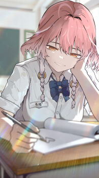 1girl absurdres alternate_costume blue_bow blue_bowtie bow bowtie braid bright_pupils changli_(wuthering_waves) collared_shirt commentary desk english_commentary grin hair_between_eyes hair_extensions head_rest highres holding holding_pencil indoors looking_at_viewer multicolored_hair pencil pink_hair revision ring_hair_extensions ryeon_(naturesan) school_uniform shirt smile solo twin_braids two-tone_hair white_hair white_pupils white_shirt wuthering_waves yellow_eyes rating:Sensitive score:6 user:danbooru