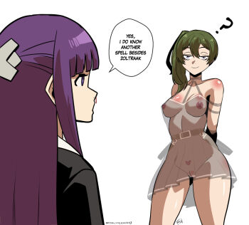  2girls arms_behind_back black_dress blood blue_eyes breasts choker commentary contrapposto dress english_commentary english_text female_pervert fern_(sousou_no_frieren) gluteal_fold green_hair kukuruyo medium_breasts multiple_girls nipples nosebleed pervert perverted_utility pleated_dress purple_eyes purple_hair pussy short_dress side_ponytail smile sousou_no_frieren ubel_(sousou_no_frieren) x-ray yuri 