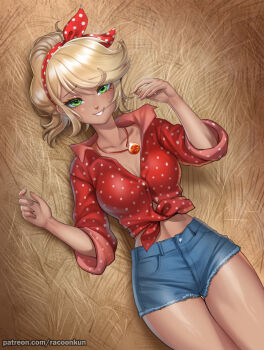  1girl :d alternate_skin_color applejack applejack_(equestria_girls) blonde_hair blue_shorts bow_hairband breasts brown_eyeshadow buttons cleavage collarbone collared_shirt commentary cowboy_shot dark-skinned_female dark_skin denim denim_shorts dutch_angle english_commentary eyelashes eyes_visible_through_hair fingernails freckles front-tie_top green_eyes grin hair_between_eyes hair_bun hairband half-closed_eyes hand_up hands_up highres jewelry looking_at_viewer lying medium_breasts mouth_hold multicolored_hairband my_little_pony my_little_pony:_equestria_girls my_little_pony:_friendship_is_magic necklace on_back open_mouth outdoors partially_unbuttoned patreon_username polka_dot polka_dot_hairband polka_dot_shirt racoon-kun raised_inner_eyebrows red_hairband red_shirt shirt short_hair short_shorts shorts sidelocks single_hair_bun smile solo stalk_in_mouth straight-on swept_bangs thick_thighs thigh_gap thighs three-quarter_sleeves tsurime two-tone_hairband two-tone_shirt watermark web_address wheat white_hairband white_shirt 