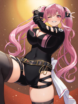  1girl belt black_belt black_bodysuit black_gloves black_nails black_thighhighs blush bodysuit breasts cleavage commentary_request fingerless_gloves gloves grin highres hololive large_breasts long_hair mori_calliope mori_calliope_(gold_unbalance) nail_polish official_alternate_costume official_alternate_hairstyle one_eye_closed pink_eyes pink_hair smile solo thighhighs twintails unkai_amane v very_long_hair virtual_youtuber 