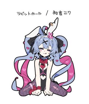  1girl animal_ears bare_arms bare_shoulders black_leotard black_ribbon blue_eyes blue_hair bow bowtie broken_heart clothing_cutout cutout_above_navel earrings facial_mark fake_animal_ears fishnet_pantyhose fishnets hair_ornament hair_ribbon hairclip hashtag-only_commentary hatsune_miku head_tilt heart heart_cutout highres jewelry leotard licking_lips long_hair looking_at_viewer multicolored_hair naughty_face necktie pale_skin pantyhose pink_hair pink_pupils playboy_bunny rabbit_ears rabbit_hole_(vocaloid) red_bow red_bowtie red_necktie red_ribbon ribbon short_necktie single_earring solo teardrop_facial_mark tongue tongue_out two-tone_hair very_long_hair vocaloid x_hair_ornament yagidon 