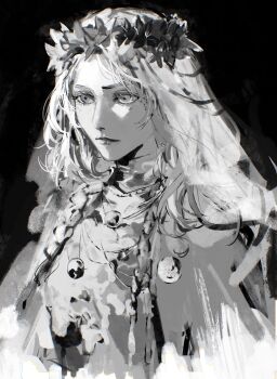  1girl black_background choker commentary_request doll_joints elden_ring elden_ring_nightreign flower_wreath greyscale head_wreath highres jewelry joints monochrome raberu_ruru revenant_(elden_ring) solo upper_body veil white_choker white_veil 