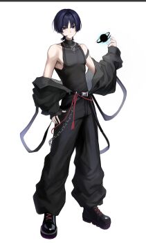  1boy baggy_pants belt belt_buckle black_belt black_boots black_hole black_jacket black_pants black_shirt black_sleeves blunt_ends boots bright_pupils buckle chain closed_mouth clothes_down expressionless full_body genshin_impact hand_on_own_hip hand_up headset highres jacket lace-up_boots long_sleeves looking_at_viewer male_focus pants parted_bangs purple_eyes red_rope rope scaramouche_(genshin_impact) shirt sleeveless sleeveless_shirt solo talking_ok tassel toned toned_male tsurime turtleneck turtleneck_shirt vortex white_background white_pupils wispy_bangs 