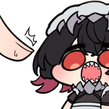  1boy 1girl black_hair chibi ellen_joe eyebrows_hidden_by_hair hair_between_eyes highres open_mouth otu_(o2h2_oh4) red_eyes sharp_teeth short_hair solid_circle_eyes teeth zenless_zone_zero 