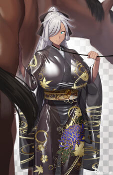  black_kimono breasts chinese_zodiac closed_mouth collar dark-skinned_female dark_skin floral_print floral_print_kimono green_eyes grey_hair hair_over_one_eye high_ponytail highres horse huge_breasts japanese_clothes kimono mole mole_under_eye obi obijime ohlia original ponytail print_kimono sash see-through_clothes standing sweat year_of_the_horse 