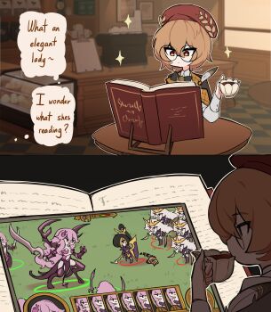 1girl absurdres beret book cafe centurii-chan clio_aite commentary counter cup dark_elf drinking elf english_commentary english_text hat highres holding holding_cup kaneko_lumi laurels orange_eyes orange_hair phase_connect playing_games playing_video_games pointy_ears round_eyewear round_table short_hair slaanesh speech_bubble table tablet_pc teacup the_masque_of_slaanesh thought_bubble total_war total_war:_warhammer video_game virtual_youtuber warhammer_40k warhammer_fantasy