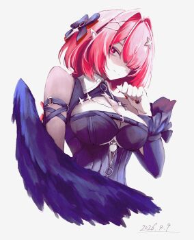  1girl black_bow black_dress black_wings bow breasts cleavage closed_mouth commentary_request dated dress grey_background hair_bow hair_intakes hair_over_one_eye hand_up highres large_breasts medium_hair multicolored_nails pink_eyes pink_hair pointy_ears ramiel_(zenless_zone_zero) red_nails simple_background smile solo takechi_(yamato_kure_46) upper_body wings zenless_zone_zero 