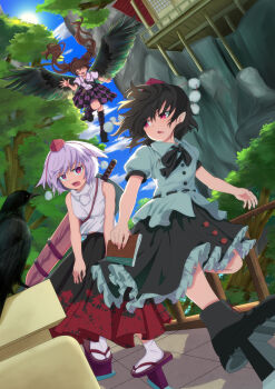  3girls absurdres animal_ears bird bird_wings black_bird black_boots black_bow black_bowtie black_necktie black_skirt black_wings blue_sky boots bow bowtie brown_hair checkered_clothes checkered_skirt closed_eyes cloud collared_shirt commentary crow day ears_down feathered_wings flying frilled_shirt_collar frilled_skirt frills geta grey_hair grey_socks guminemi hat highres himekaidou_hatate inubashiri_momiji knee_boots leg_up long_hair multiple_girls necktie open_mouth pink_eyes pointy_ears pom_pom_(clothes) puffy_short_sleeves puffy_sleeves purple_hat purple_shirt purple_skirt red_eyes red_hat shameimaru_aya shirt short_sleeves skirt sky smile socks tail tengu-geta tokin_hat touhou tree twintails two-tone_skirt walking waving white_shirt white_socks wings wolf_ears wolf_girl wolf_tail 