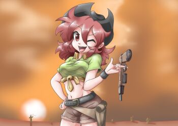  1girl ;d absurdres alternate_costume belt black_belt black_hat black_wrist_cuffs breasts brown_bag brown_shorts brown_sky cactus chara_(undertale) collared_shirt commentary_request cowboy_hat cowboy_shot cowboy_western cowgirl_(western) cropped_shirt desert english_text green_shirt gun hair_between_eyes hand_on_own_hip hand_up hat highres holding holding_gun holding_weapon hponimator korean_commentary medium_breasts medium_hair messy_hair midriff navel one_eye_closed open_mouth orange_skirt pouch raised_eyebrow red_eyes red_hair shirt short_shorts shorts single_wrist_cuff skirt smile solo spinning_gun spinning_weapon standing sun sunset teeth tongue undertale upper_teeth_only utdr_(toby_fox) weapon wing_collar wrist_cuffs 