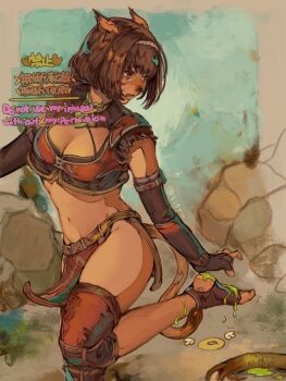  51gou adventurer_(ff11) animal_ears animal_nose breasts brown_eyes brown_gloves brown_hair cat_ears cat_girl cat_tail cleavage commentary_request elbow_gloves facial_mark final_fantasy final_fantasy_xi fingerless_gloves gloves highres knee_guards leg_up medium_breasts mithra_(ff11) navel rock standing standing_on_one_leg tail twitter_username whisker_markings 