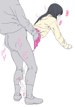  1boy 1girl age_difference ass black_hair blush closed_eyes clothes_lift commentary_request full_body hanging_legs highres kbrg loli long_sleeves moaning open_mouth original pink_skirt sex sex_from_behind simple_background skirt skirt_lift socks sound_effects spot_color sweater teeth torso_grab trembling turtleneck turtleneck_sweater upper_teeth_only white_background yellow_sweater 