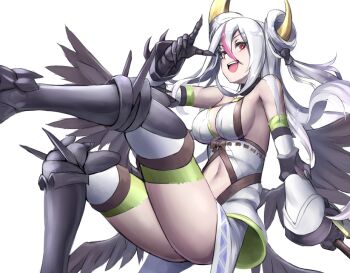  1girl :d armor asymmetrical_horns bare_shoulders black_wings bow breasts claws detached_sleeves dress feathered_wings feet_out_of_frame floating ginko_(nico) greaves hair_between_eyes hair_rings horns long_hair lord_of_vermilion lord_of_vermilion_iii medium_breasts multicolored_hair multiple_wings navel open_mouth pink_hair pointing red_eyes sideboob smile solo teeth thighhighs tsukuyomi_(lord_of_vermilion) two-tone_hair upper_teeth_only white_background white_dress white_hair wings 