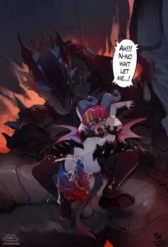  1girl bestiality boots breasts demon_girl dragon english_text extra_penises foxinshadow full_body highres horns loli monster nude open_mouth original sex size_difference small_breasts speech_bubble spread_legs thigh_boots uncensored vaginal vienna_(foxinshadow) wings 