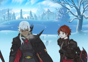  2girls :d armor bare_tree belt black_coat blue_sky breastplate breath brown_hair coat collared_shirt commentary_request cross cross_earrings dark-skinned_female dark_skin day earrings footprints forest gauntlets grey_shirt hair_over_shoulder headband jewelry latin_cross looking_at_another mole mole_under_eye multiple_girls nagi_itsuki nature necktie open_mouth outdoors pauldrons pixiv_fantasia pixiv_fantasia_last_saga red_eyes red_necktie scabbard sheath sheathed shield shirt short_hair shoulder_armor sky smile snow snowing sword tree weapon white_hair wing_collar 