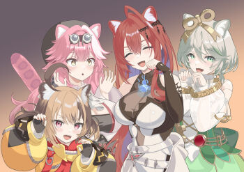  4girls ahoge animal_ear_fluff animal_ears blue_fire breasts brown_background brown_hair cecilia_immergreen cecilia_immergreen_(1st_costume) cleavage closed_eyes doll_joints double-parted_bangs dress elizabeth_rose_bloodflame elizabeth_rose_bloodflame_(1st_costume) fire gigi_murin glawsbsxpytn7j9 green_eyes grey_hair hair_between_eyes hair_intakes hands_up hashtag-only_commentary holojustice hololive hololive_english huge_ahoge jacket joints kemonomimi_mode large_breasts long_hair long_sleeves looking_at_viewer multicolored_hair multiple_girls open_mouth panther_ears panther_girl panther_tail pink_eyes pink_hair raora_panthera raora_panthera_(1st_costume) red_hair see-through_cleavage see-through_clothes short_hair smile streaked_hair tail two-tone_hair virtual_youtuber white_dress white_streaks winding_key yellow_eyes yellow_jacket 