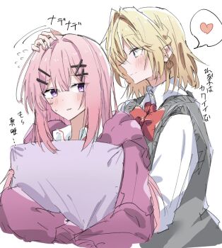  2girls alternate_hair_length alternate_hairstyle amaori_renako blonde_hair blue_eyes blush bow bowtie closed_mouth collared_shirt commentary_request flying_sweatdrops grey_sweater_vest hair_intakes hair_ornament hairclip headpat highres jacket kituneginoe long_hair long_sleeves medium_hair multiple_girls ouzuka_mai parallel_hairclips parted_lips pink_hair pink_jacket profile red_bow red_bowtie shirt simple_background smile sweatdrop sweater_vest translation_request watashi_ga_koibito_ni_nareru_wake_naijan_murimuri! white_background white_shirt x_hair_ornament 