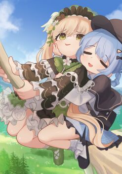  2girls absurdres black_capelet black_hat black_shoes blonde_hair blue_hair bobby_socks braid braided_hair_rings broom broom_riding capelet closed_eyes commentary_request green_eyes green_shoes hair_rings hand_on_another's_cheek hand_on_another's_face hat highres long_hair mahou_shoujo_no_majo_saiban multiple_girls nanachides open_mouth outdoors shoes socks tachibana_sherry tono_hanna twintails white_socks yuri 