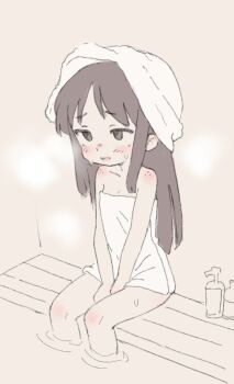  1girl arm_between_legs blush body_freckles brown_hair collarbone female_focus freckles loli long_hair naked_towel original parted_lips qtkat sidelocks sitting smile solo sweat towel towel_on_head water  rating:Sensitive score:71 user:MonsieurCinq