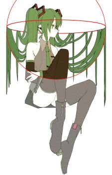  1girl absurdres black_thighhighs collar collarbone colored_eyelashes crossed_arms earphones floating_hair geometry green_eyes green_hair green_necktie hair_floating_upwards hair_ornament hair_spread_out hatsune_miku heart heart_hair_ornament high_heels highres long_hair looking_to_the_side math necktie parted_bangs shirt sitting skirt sleeveless sleeveless_shirt solo thighhighs thighs torishima_(oshiritorishima) transparent_ball vocaloid white_background zipper 