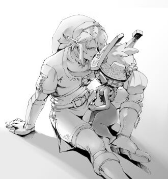  1boy 1girl belt breasts closed_eyes colored_skin greyscale hand_on_another's_back hat helmet highres jewelry link long_hair midna monochrome multicolored_skin nintendo pointy_ears sitting the_legend_of_zelda the_legend_of_zelda:_twilight_princess tsuyuga tunic two-tone_skin  rating:Sensitive score:18 user:danbooru