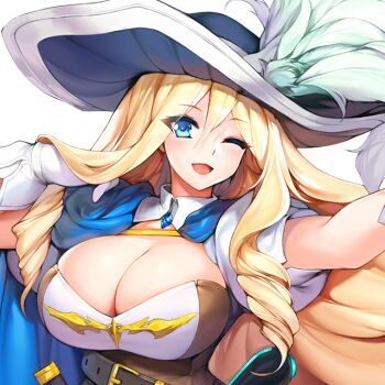  1girl adjusting_hair belt blonde_hair blue_cape blue_eyes blush breasts bursting_breasts cape charlotte_(last_origin) cleavage cleavage_cutout clothing_cutout drill_hair eyelashes female_focus game_cg gloves hair_between_eyes hair_flip hat hat_feather high_collar huge_breasts jewelry large_hat last_origin long_hair looking_at_viewer official_art one_eye_closed puffy_short_sleeves puffy_sleeves scabbard sheath short_sleeves smile snowball22 tight_clothes transparent_background upper_body white_gloves wink 